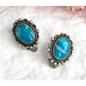 Southwest Style Turquoise Accented Beaded Sterling Silver 925 Clip On Earrings